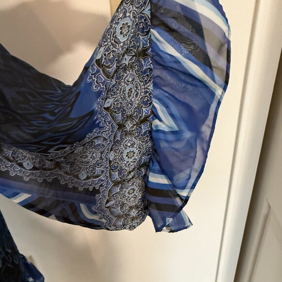 Betsey Johnson Size 14 Blue Boho Dress Bell Ruffle Long Sleeves V-Neck Pattern - Picture 7 of 10